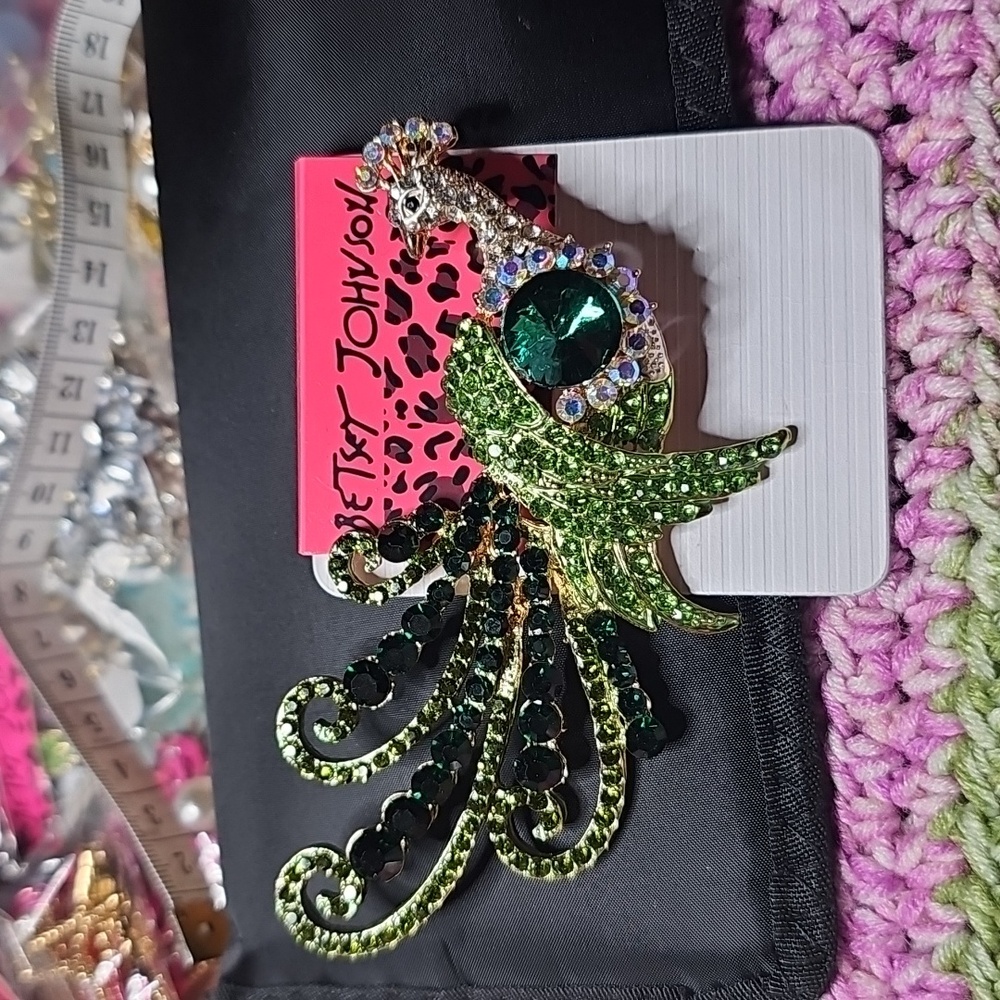 Betsey Johnson Elegant Green and Gold Peacock Brooch